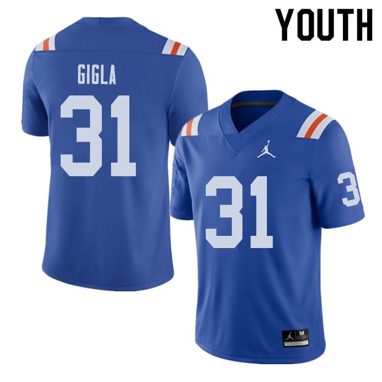 NCAA Florida Gators Anthony Gigla Youth #31 Jordan Brand Alternate Royal Throwback Stitched Authentic College Football Jersey JQL3264VE